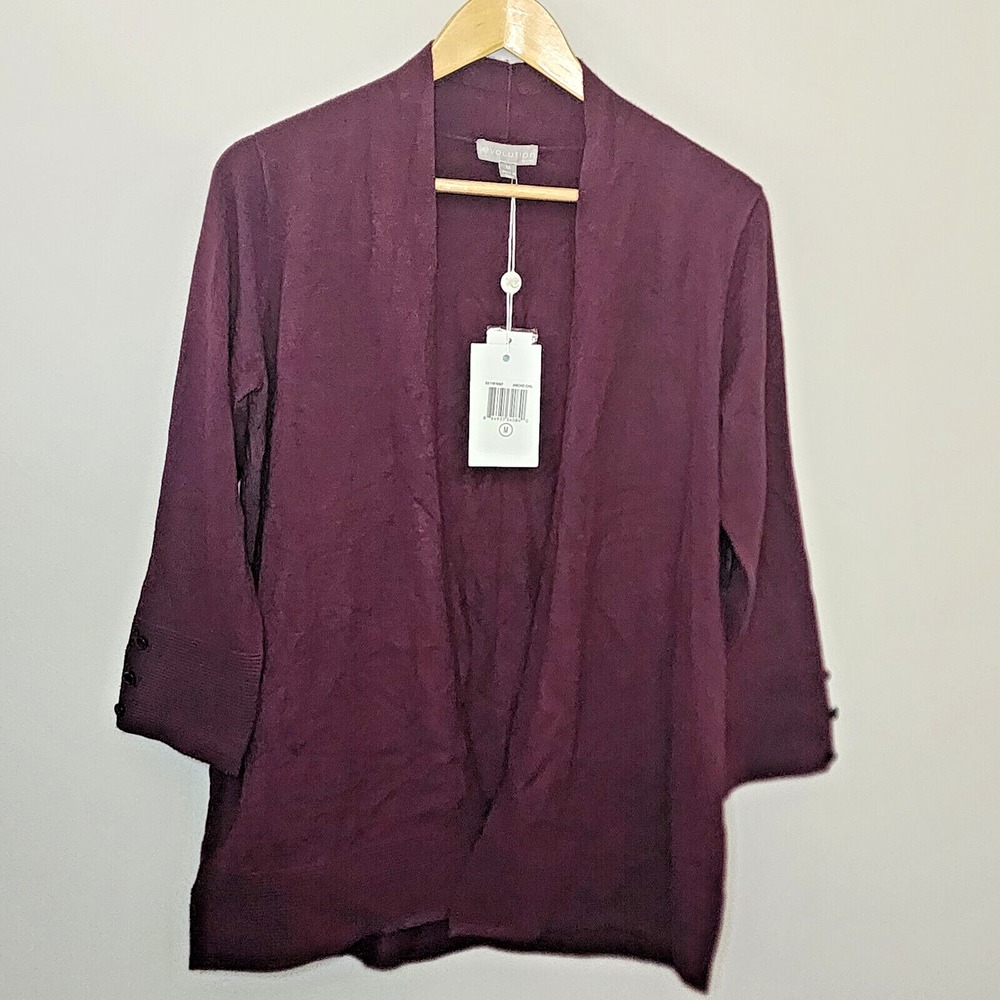Plum Purple Open Front Cardigan Ribbed 3/4‎ Sleeve Button Detail Womens Medium